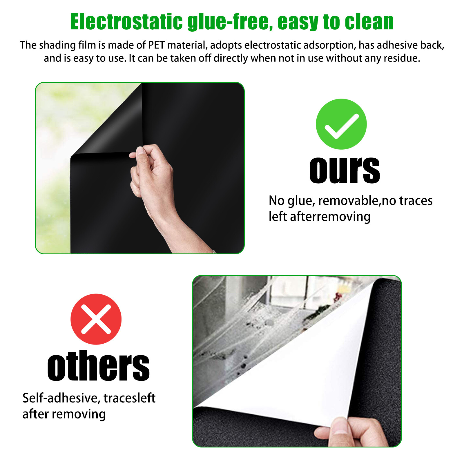 Static Cling Blackout Window Film 100% UV Blocking Thick Black Tinting Sun Cover