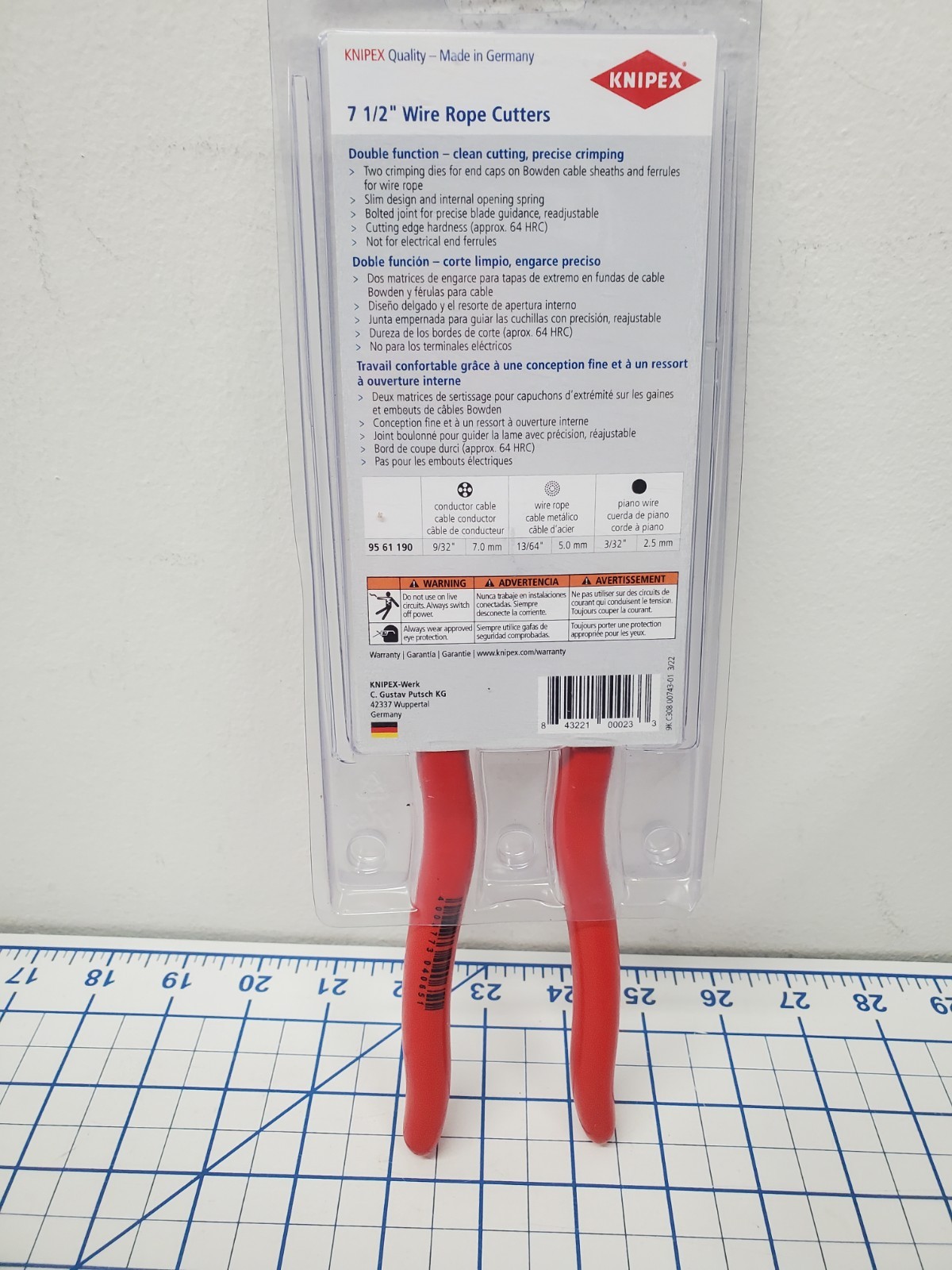 KNIPEX 95 61 190 SBA Wire Rope Cutters With Terminal Crimper 7-1/2"
