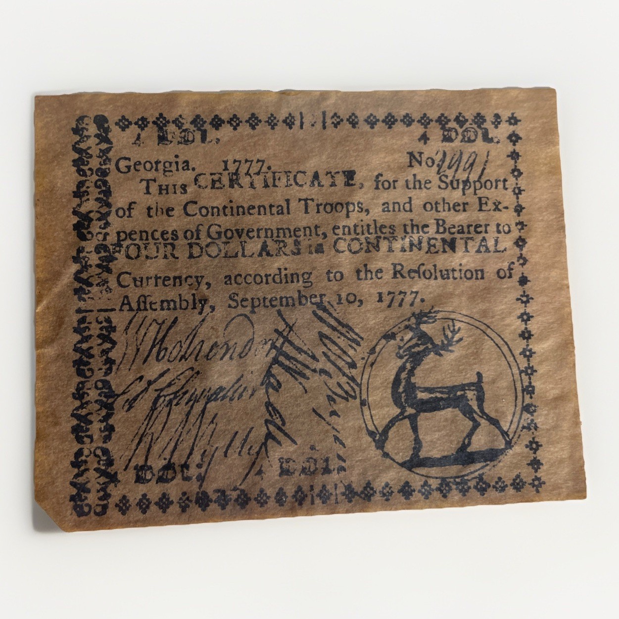 1777 $4 Dollars Georgia Colonial Currency Banknote Signed Serial# Stag