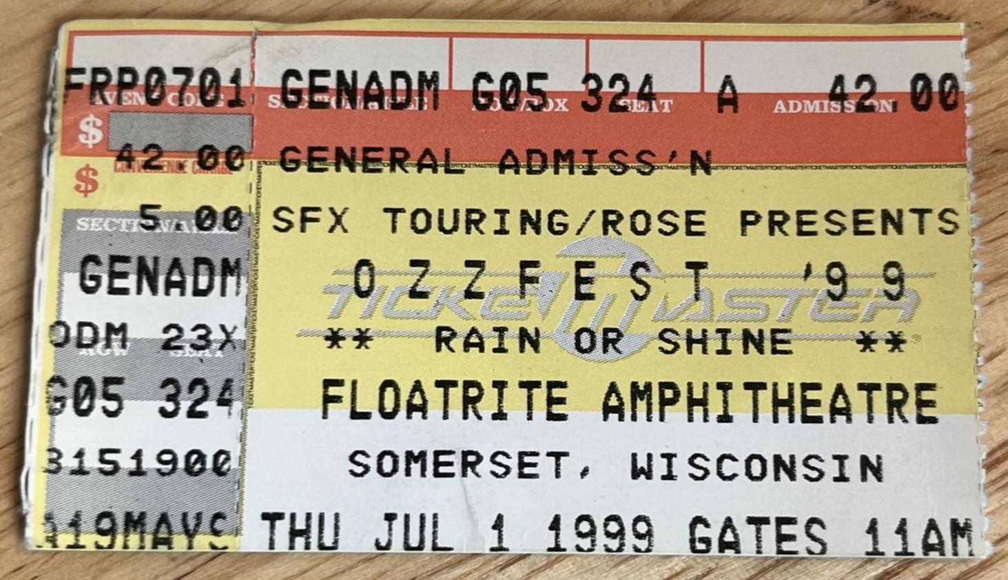 OZZFEST Concert Ticket Stub July 1, 1999 Floatrite Ozzy Osbourne Somerset, WI