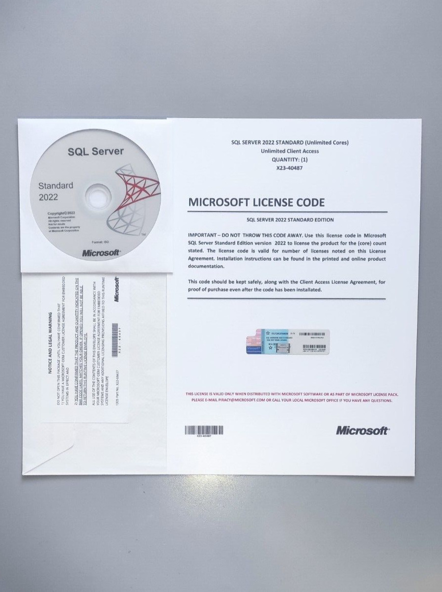 SQL Server 2022 Standard Unlimited Core & Unlimited CALs License & DVD