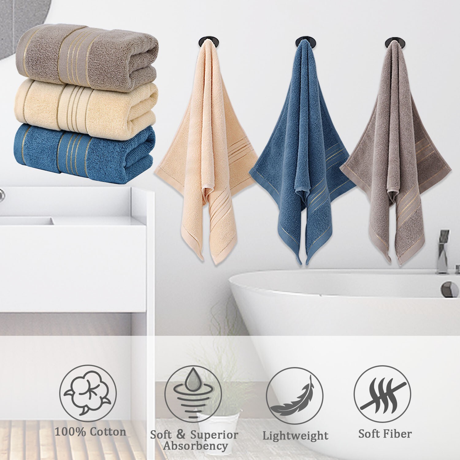 100% Cotton Premium Soft Towel 3PCS Soft Gold Luxury Absorbent Face Cloth Bath