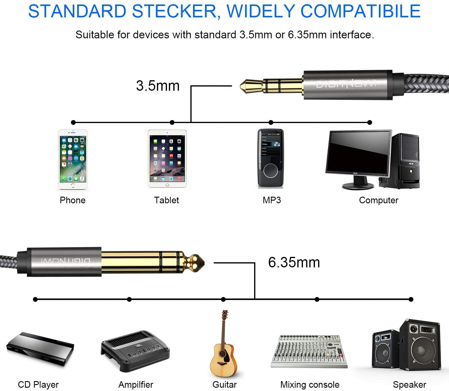 6.35mm 1/4" to 3.5mm 1/8" Male TRS Stereo Audio Cable with Alloy Housing