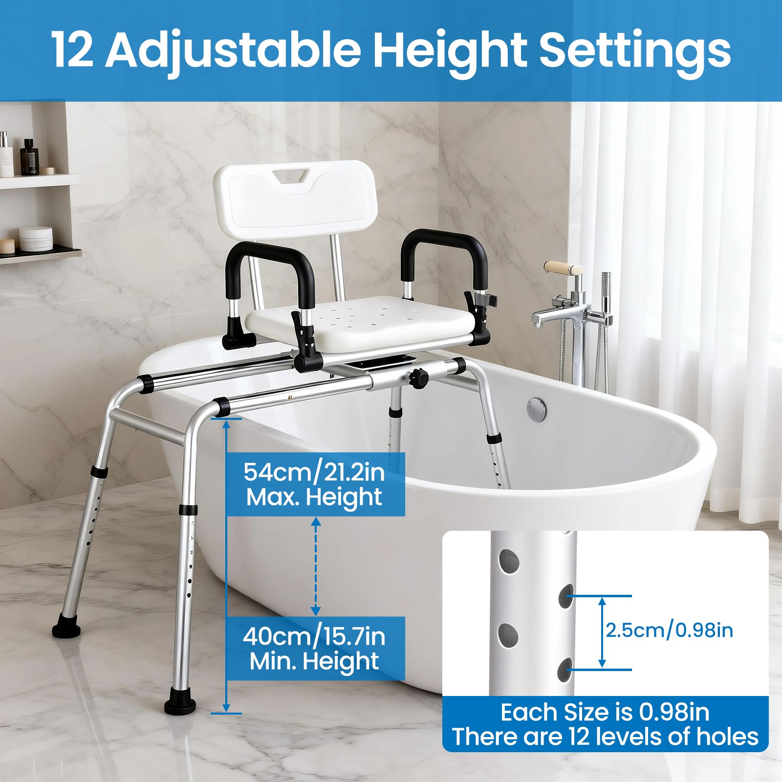 Sliding Tub Transfer Bench Shower Chair w/ 360 Degree Swivel Seat 220LBS