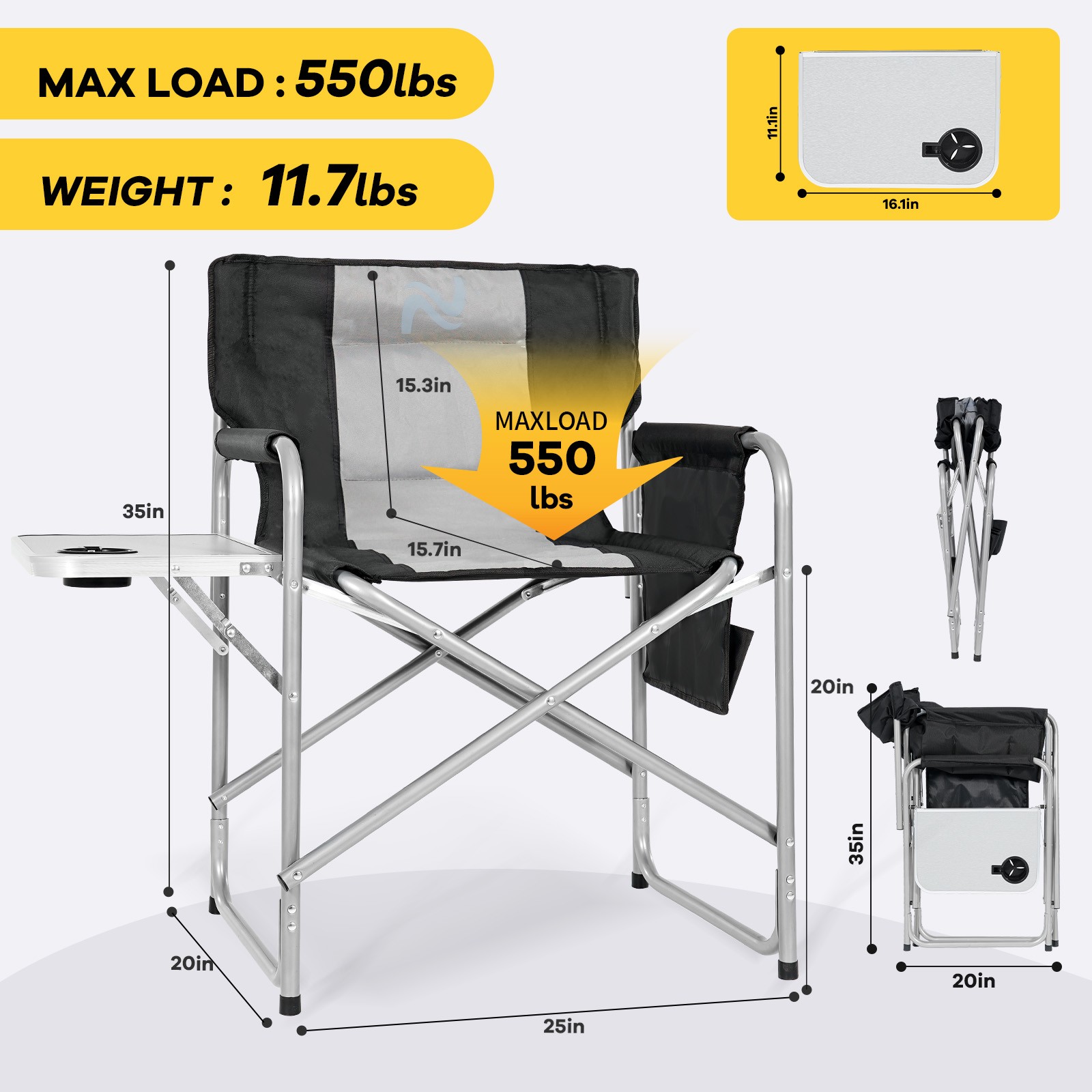 Director Chair Folding Camping Chair with Side Table Heavy Duty Portable Chair
