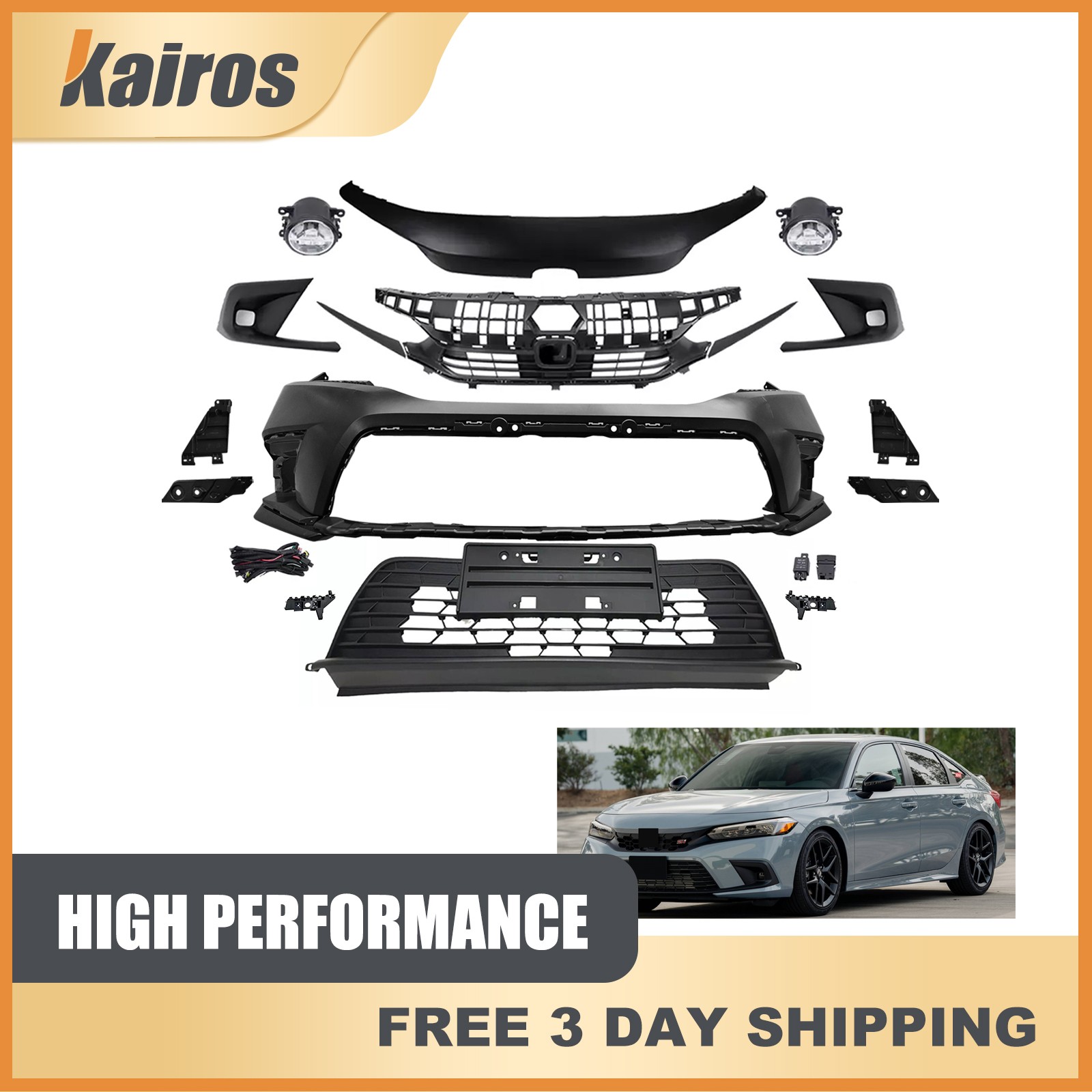 New Front Bumper Cover Kit w/ License Plate Fits 2022-2024 Honda Civic 1.5L 2.0L