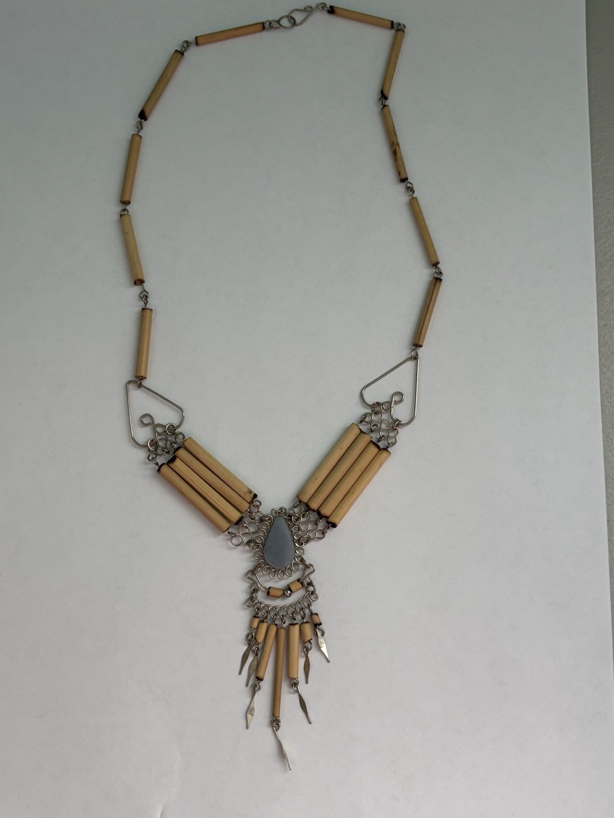 Blue Semi-Precious Stone Bamboo Silver Necklace  18"