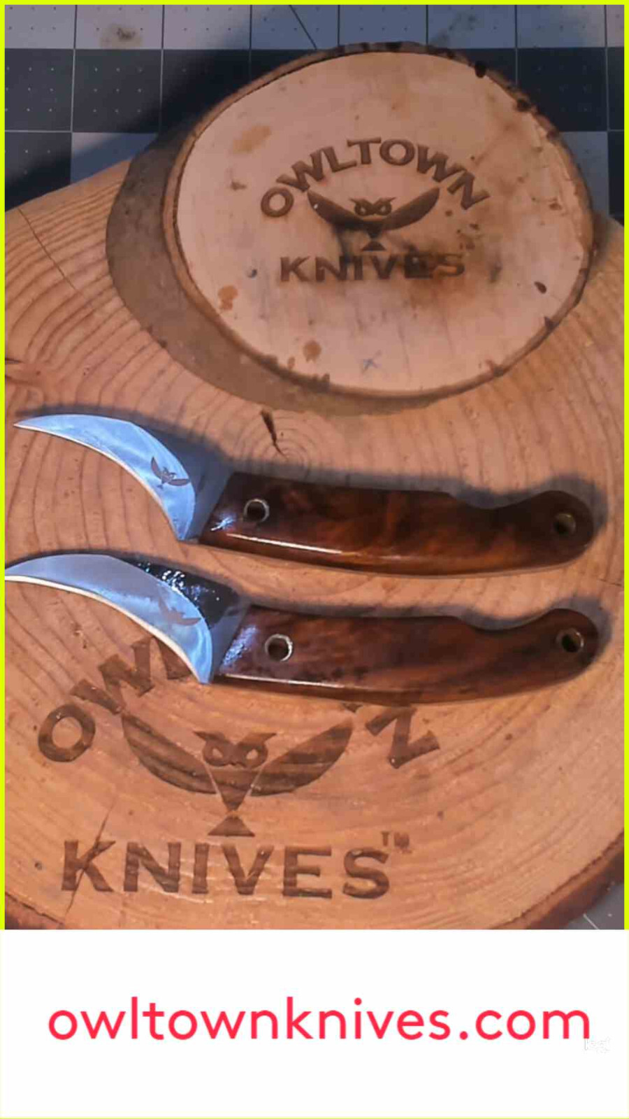 Owltown Pivia Moon Knife, Pikal, Elvia fusion 12c27 steel clip on leather sheath