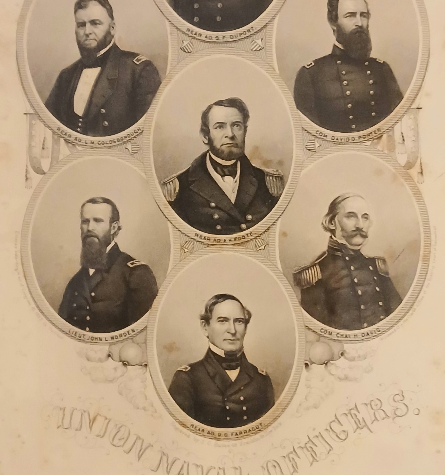 Framed 1862 Civil War Engraved Print Feat. Union Naval Commanders By J.C. Buttre