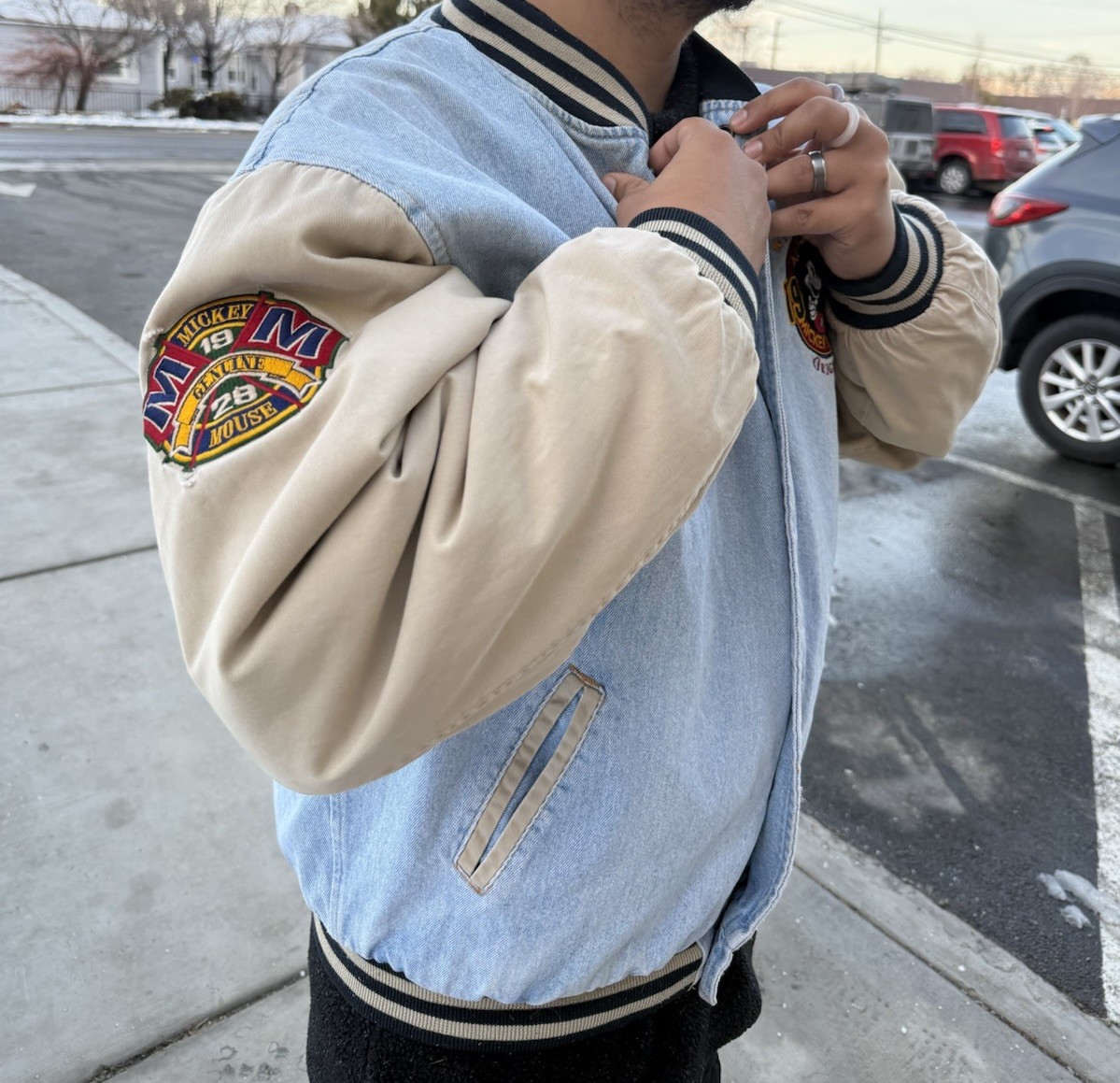 Disney Mickey Mouse 1928 Varsity Jacket Adult Light Blue Beige