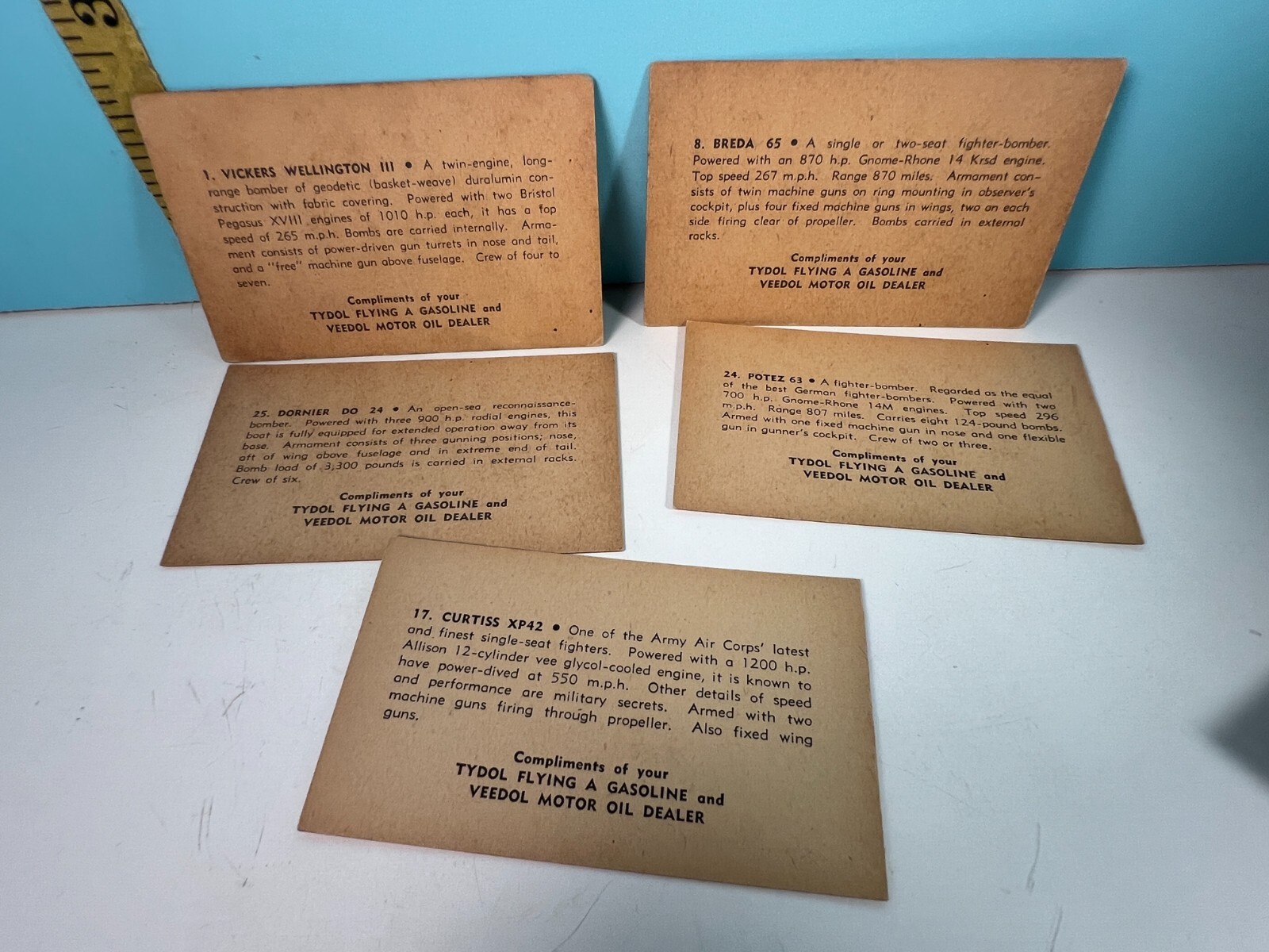 1941 Tydol Flying & Veedol Motor Oil Collectible Military Plane Cards.