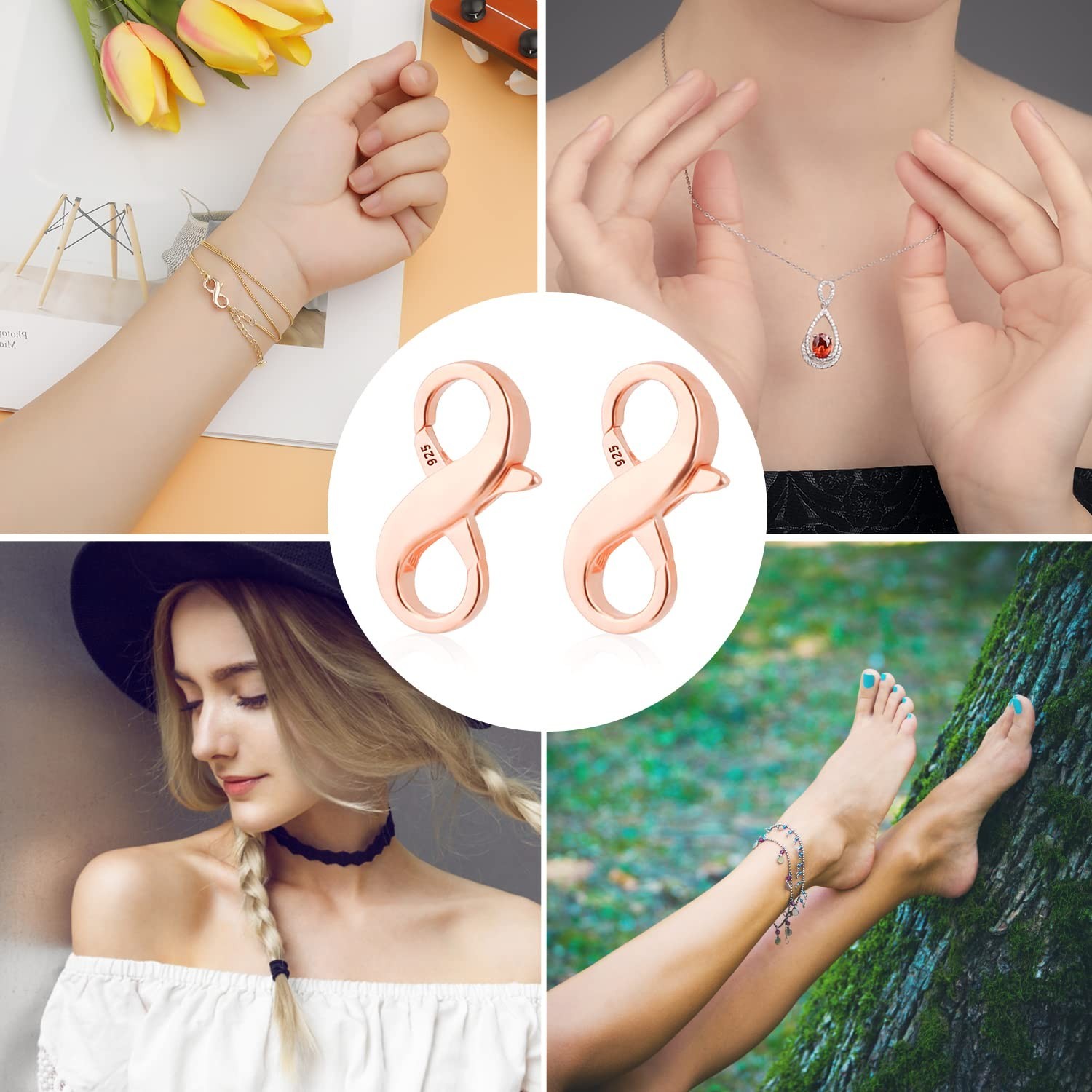 2pcs Double Opening Lobster Clasps, Rose Gold 925 Sterling Silver Lobster Cla...