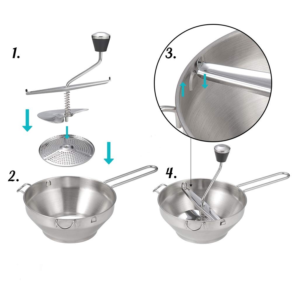 Rotary Food Mill Potato Ricer with 3 Interchangeable Disks, Great for Silver