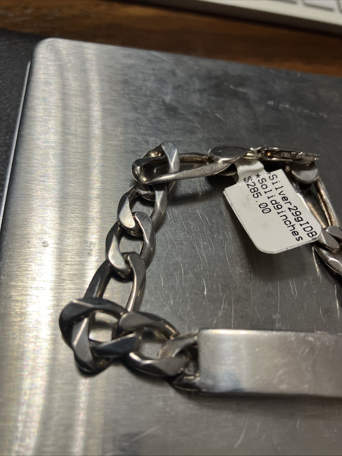 Sterling Silver 925 Figaro ID Men’s Bracelet 29 Grams 9 Inches Natural Patina