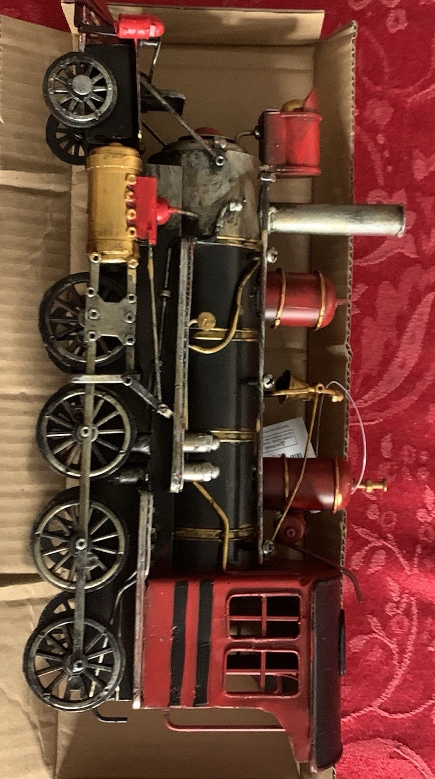 Vtg Decorative Metal Steam Locomotive Model Train Engine Red Black Gold On Base