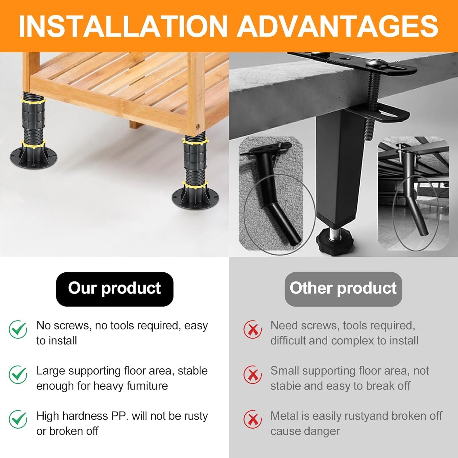 4 Pcs Adjustable Height Bed Support Legs 8.5-14.17 inch