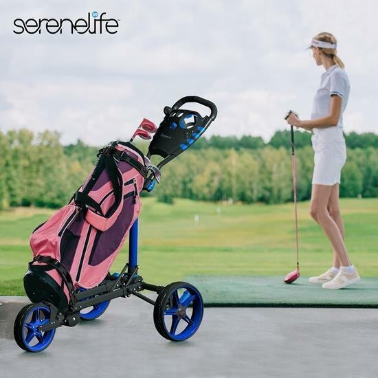 SereneLife SLGCFLW 3 Wheel Walking Golf Bag Push Cart Holder w/ Elastic Strap