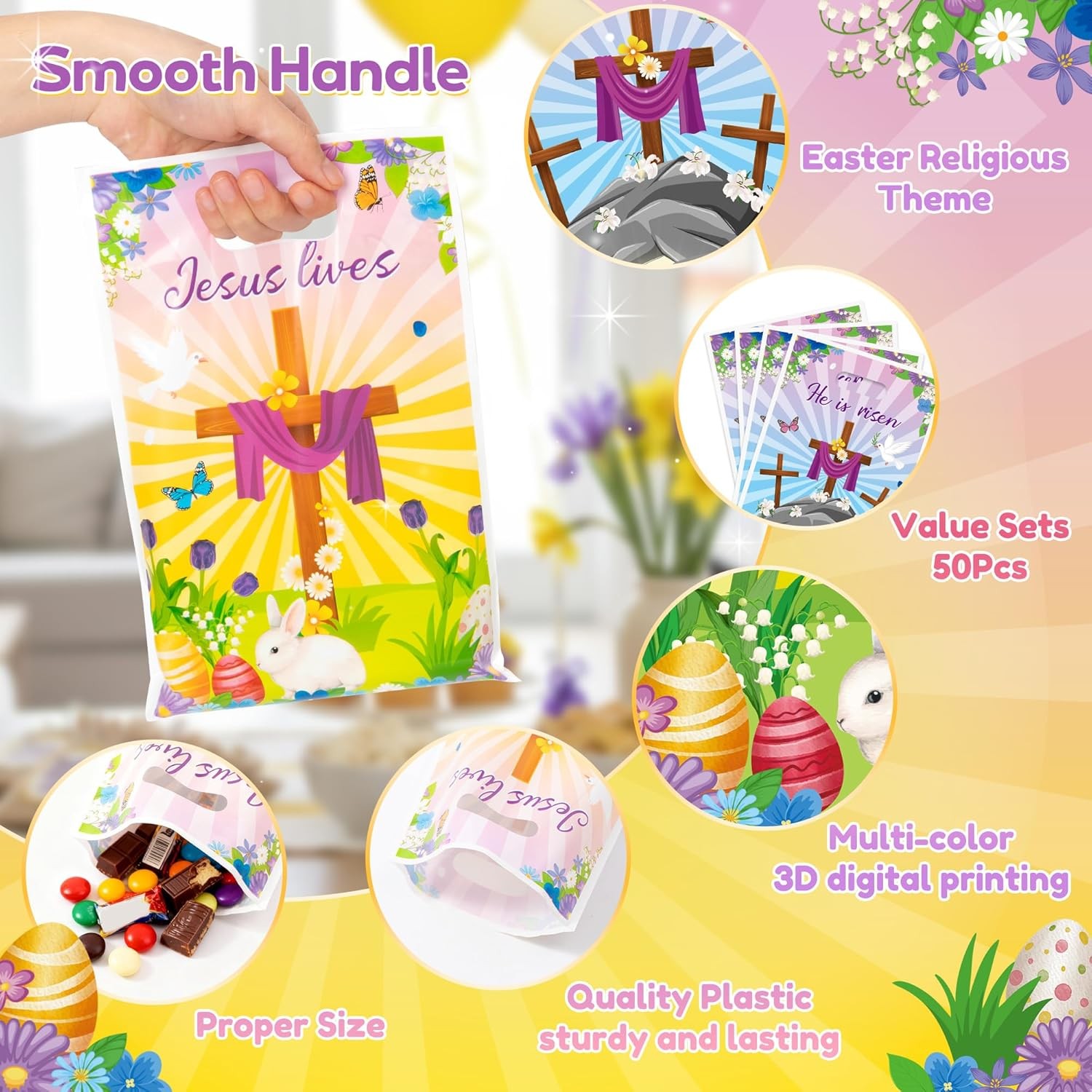 50Pcs Easter He is Risen Party Favor Bags Jesus Lives Religious Goodie Candy Tre