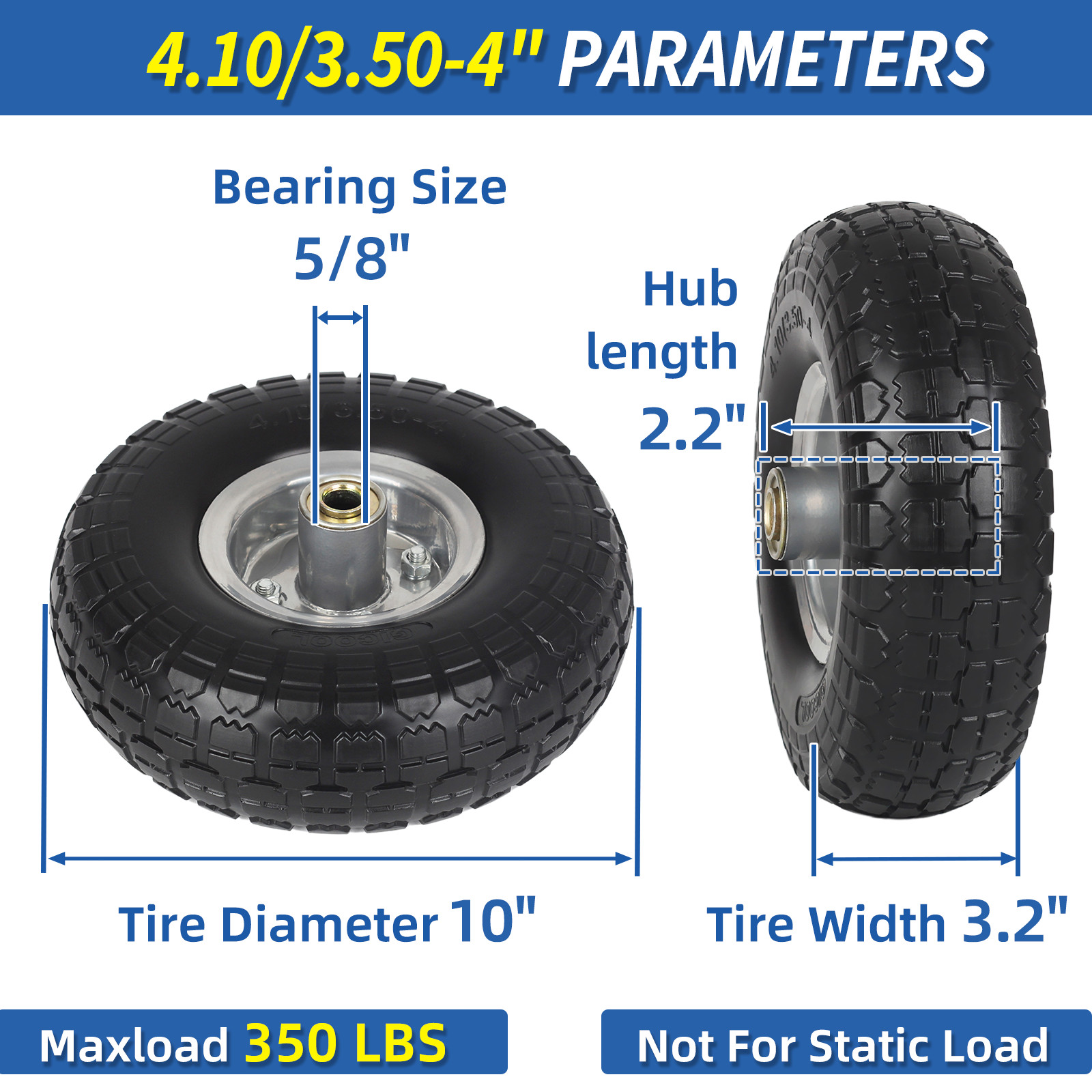 2 Pack 4.10/3.50-4 Flat Free Tire & Wheel for Garden Wagon Hand Truck Trolley
