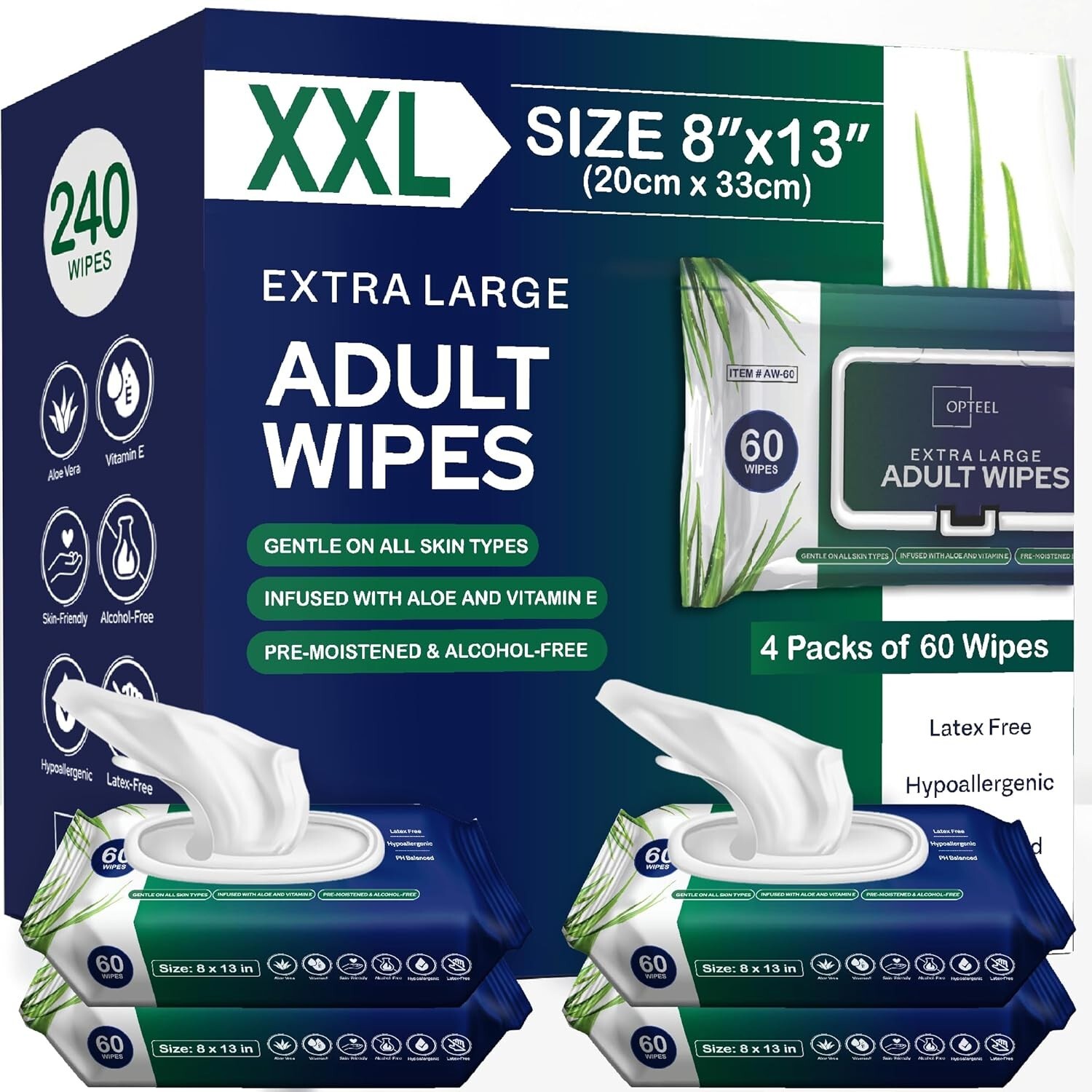 Adult Wipes Unscented - 8"x13" 240ct Huge & Soft (Large, Not-flushable)