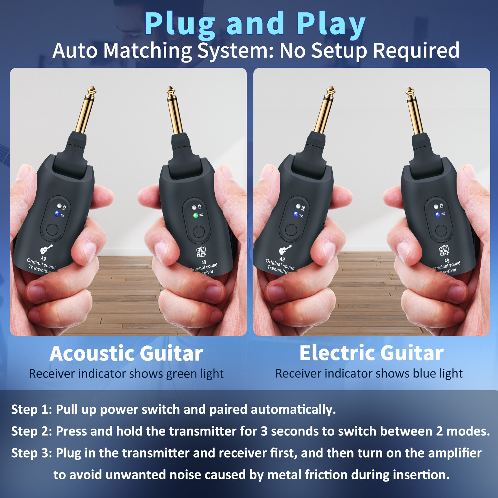 INGPARTNER 2.4GHz Wireless Guitar System Transmitter Receiver 100ft Rechargeable