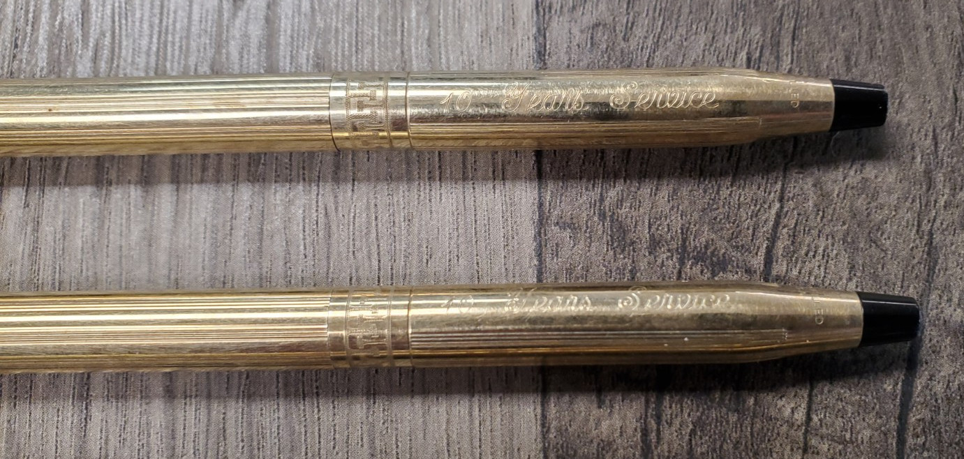 Cross 1/20 10k gold filled pen & pencil set blue ink greek border 10 year