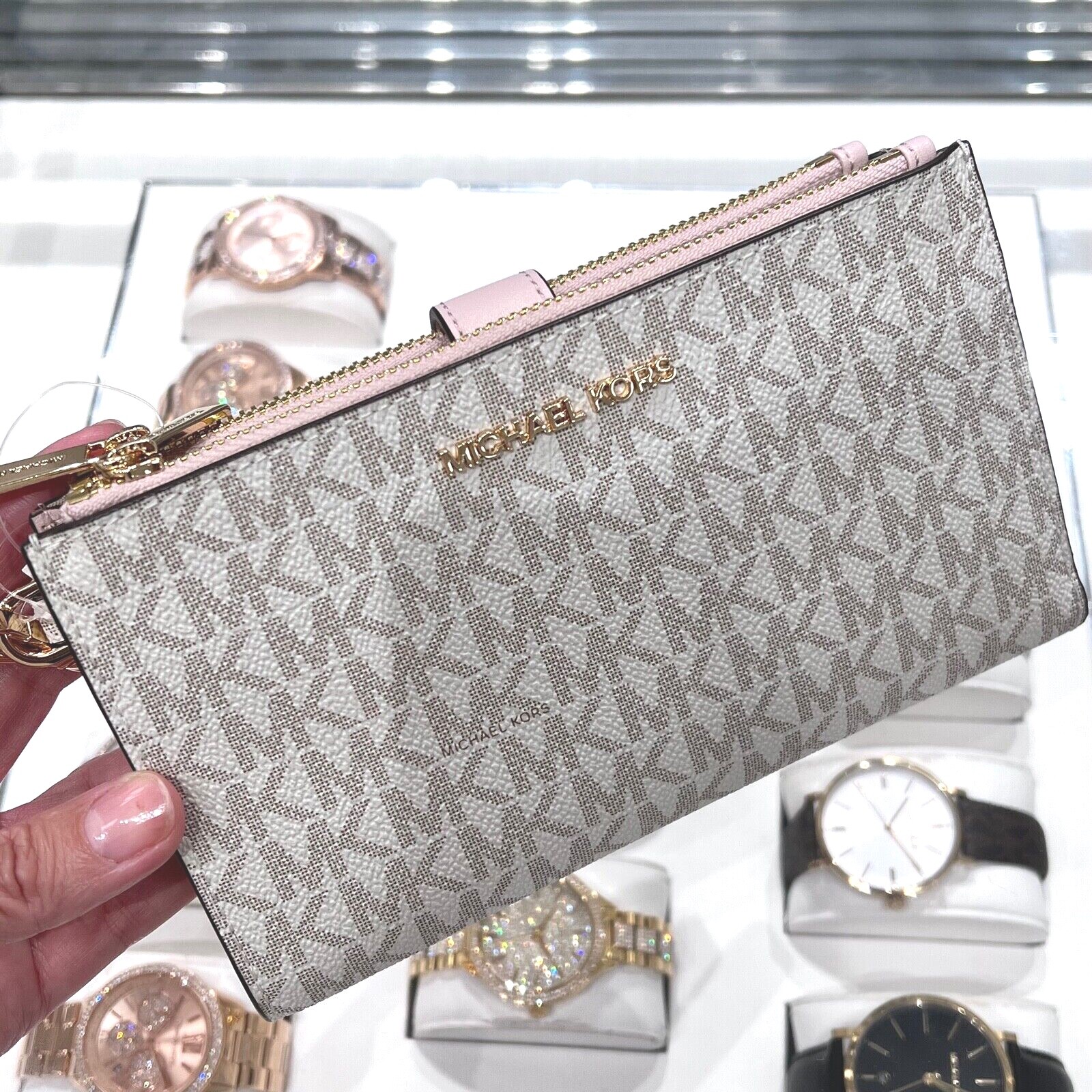 Michael Kors Jet Set Travel Double Zip Wristlet Wallet Vanilla Pink Powder Blush