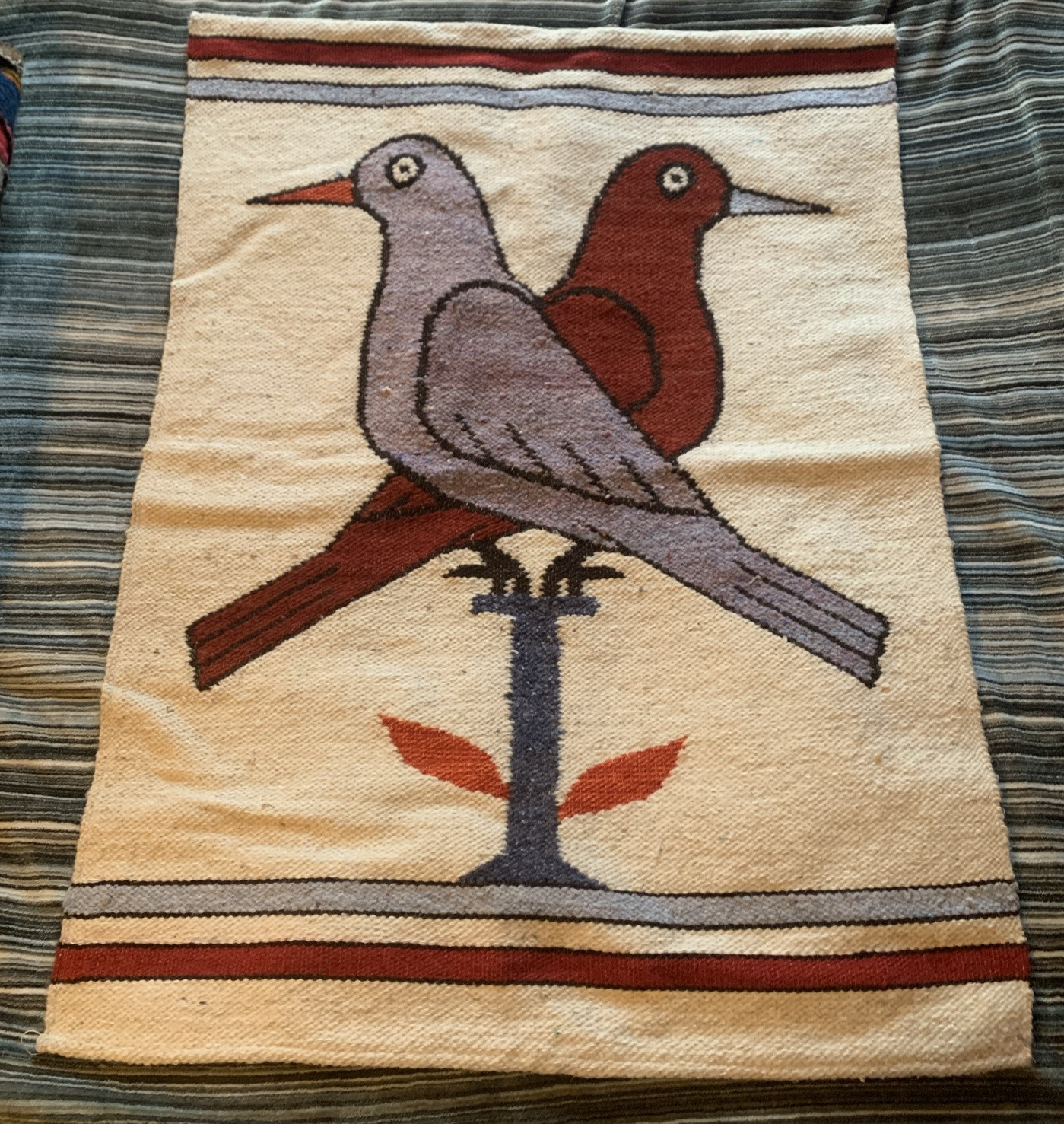 Vintage Peruvian Hand-Woven Wool BIRD Tapestry Wall Hanging 21.5 X 29.5”