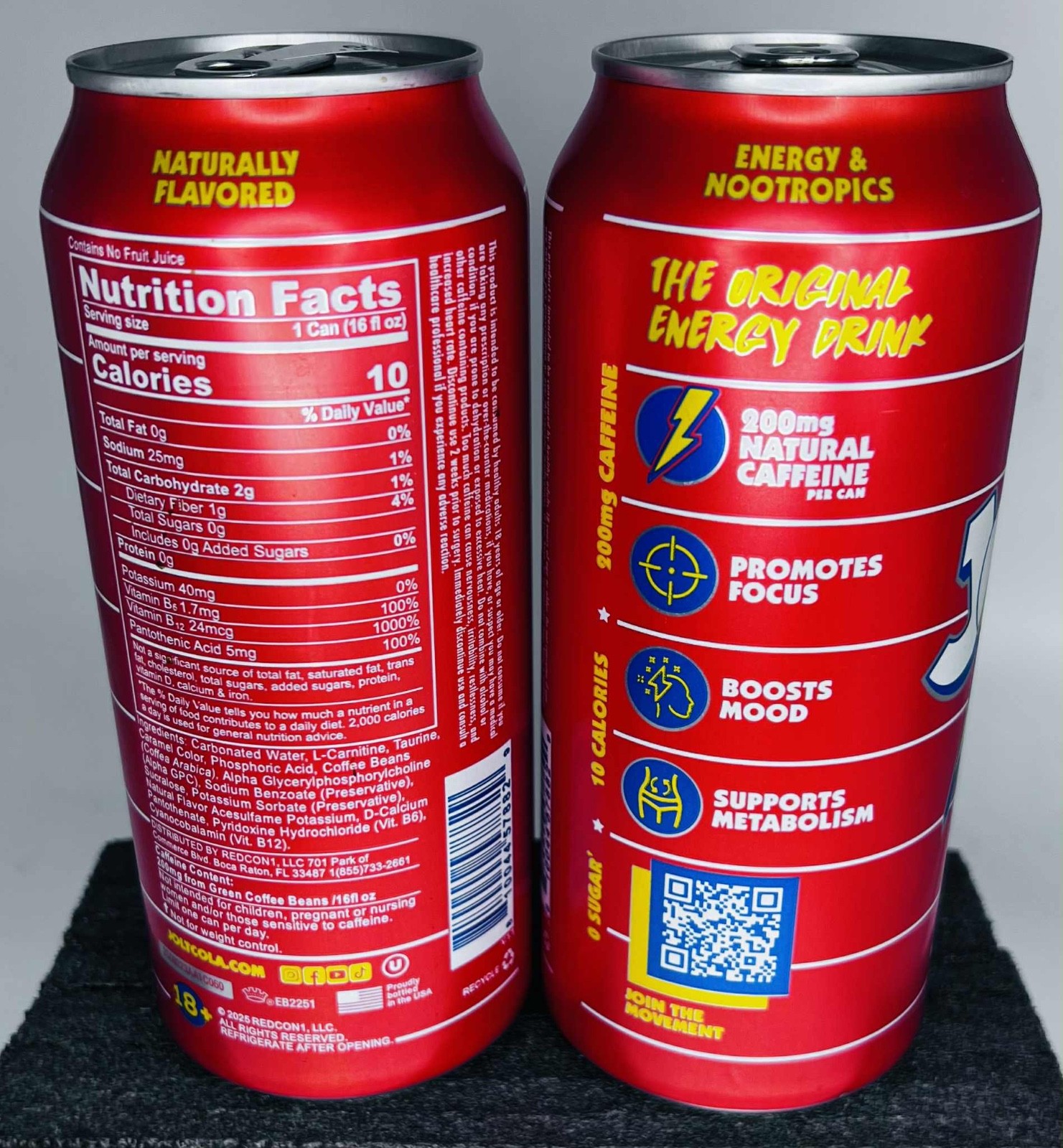(2) Jolt Cola Energy Drink 16 oz Cans - by Redcon1 Zero Sugar! Exp 9/2027