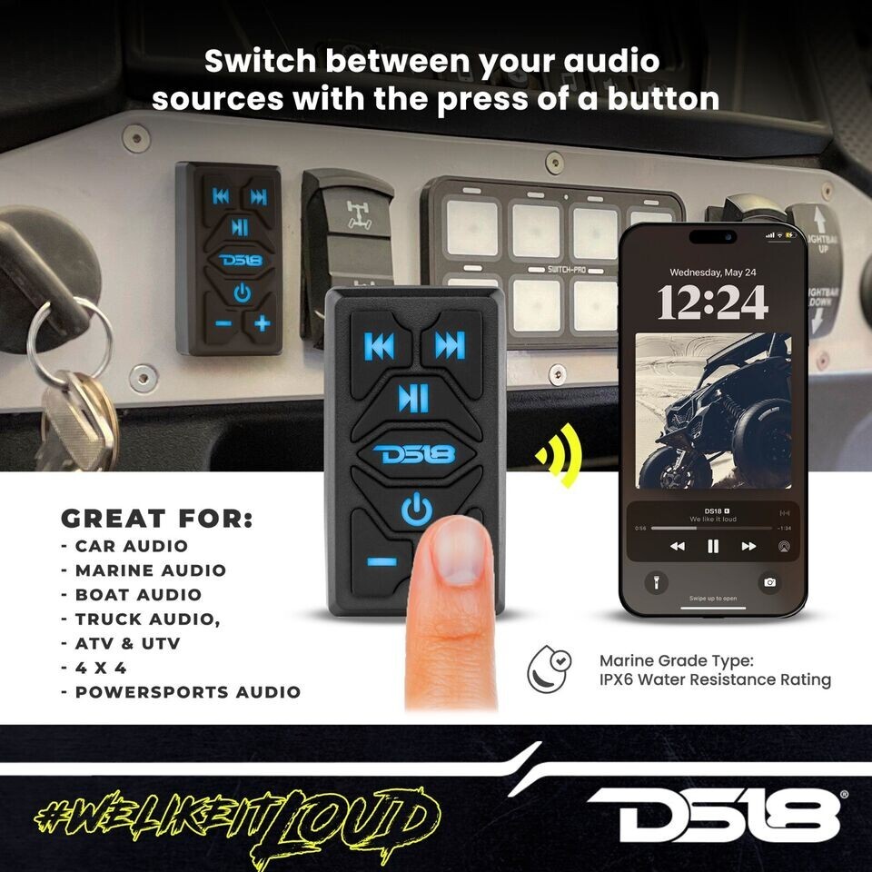 DS18 Waterproof Bluetooth Rocker Switch Audio Streamer Receiver Controls RKS-BT