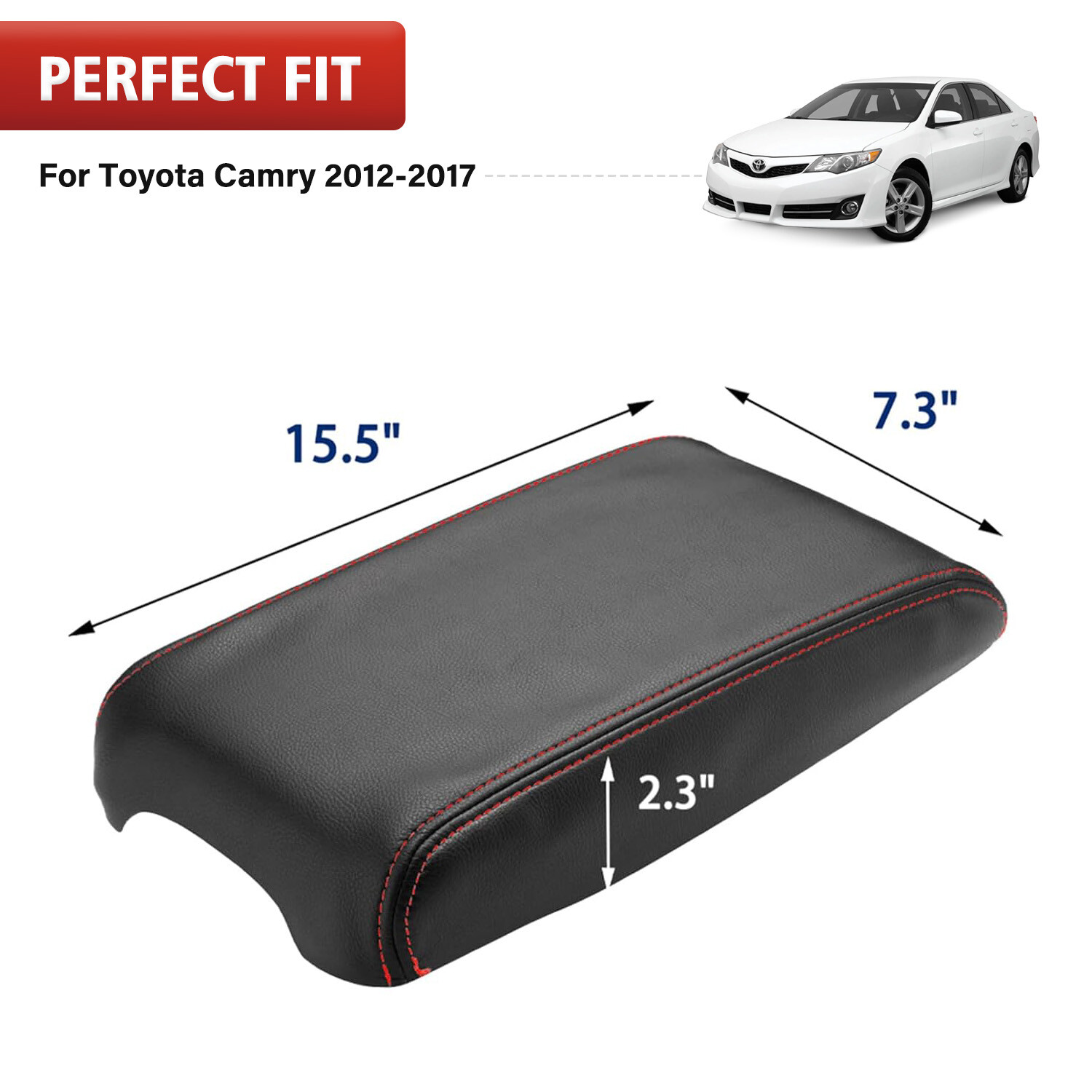 Fits 2012-2017 Toyota Camry Black Leather Console Lid Armrest Cover Red Stitch