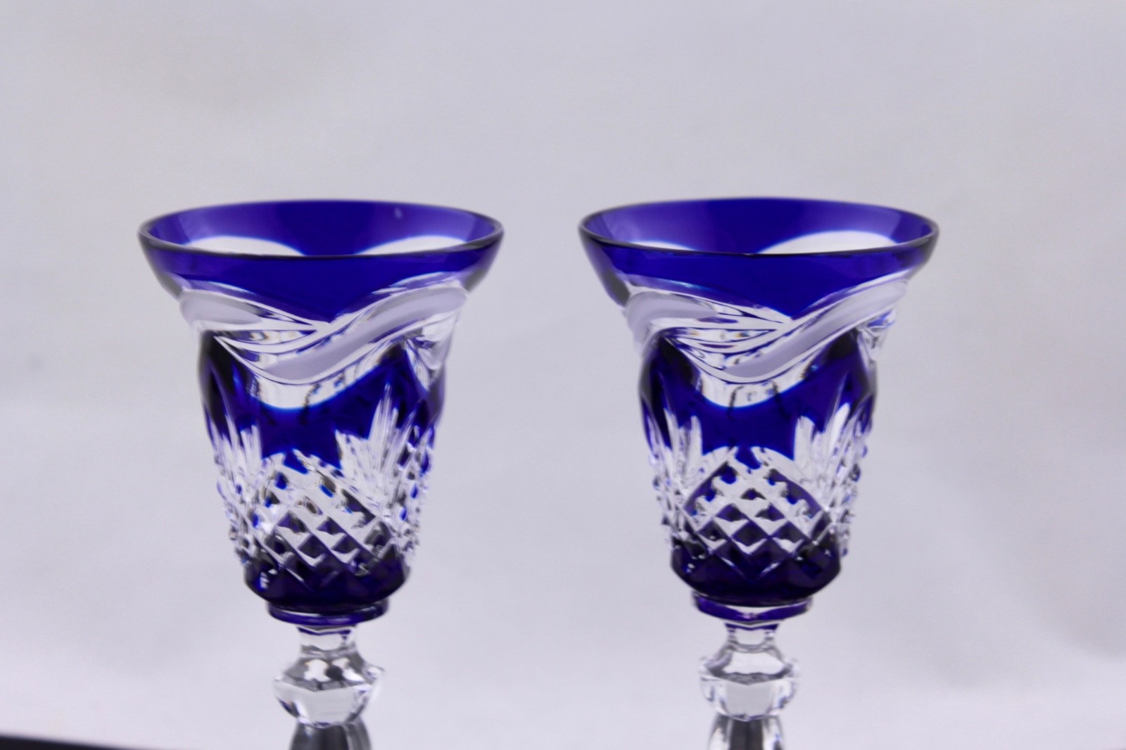 SET OF 2 E. BIELECKA/BOHEMIAN CRYSTAL COBALT BLUE 4-3/4" LIQUEUR GLASSES