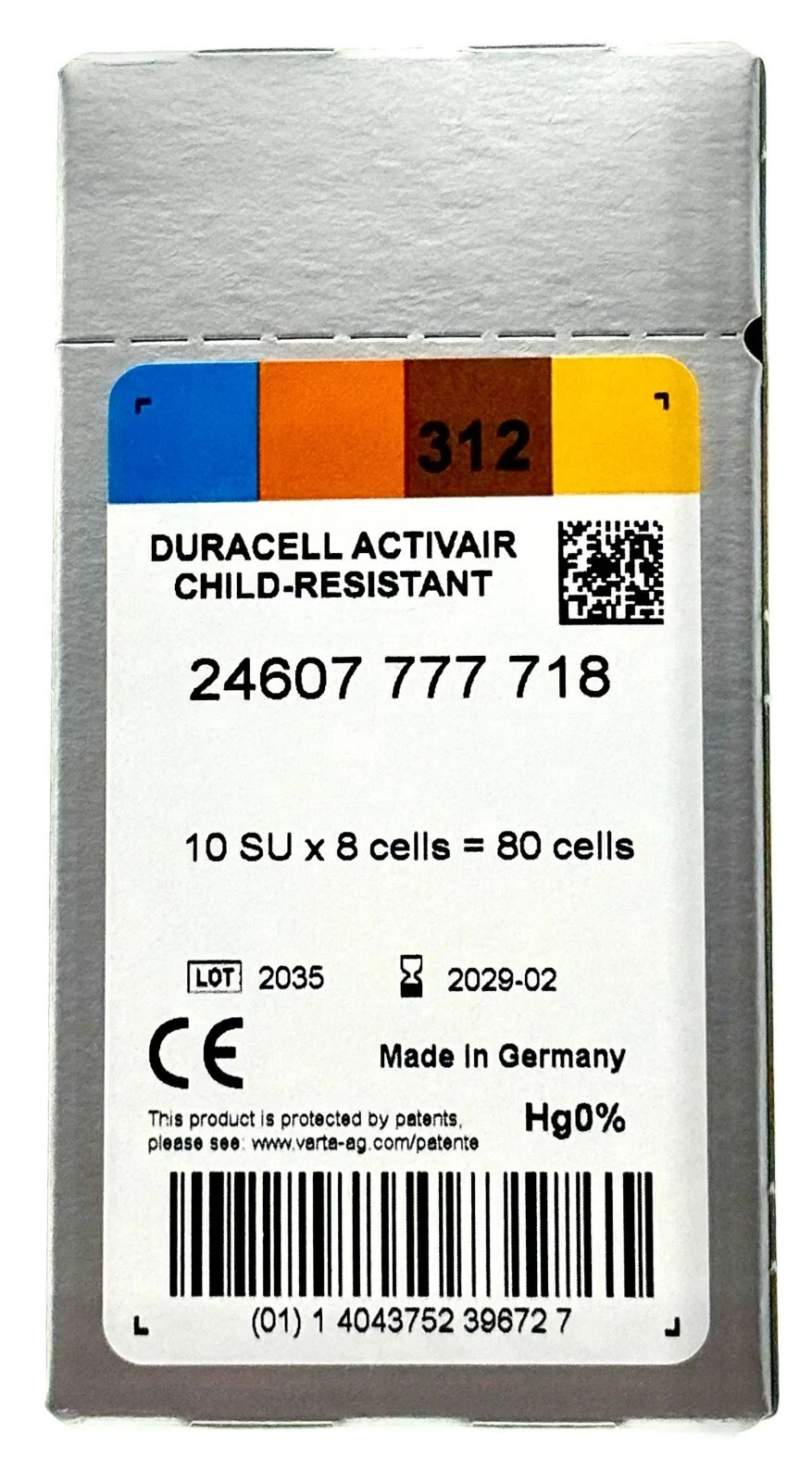 Duracell Activair Hearing Aid Batteries: Size 312 (80 Batteries) Exp 2029