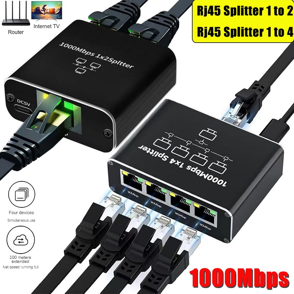 RJ45 Gigabit Ethernet Splitter 1000Mbps LAN Network Internet 1 to 4 Out Adapter