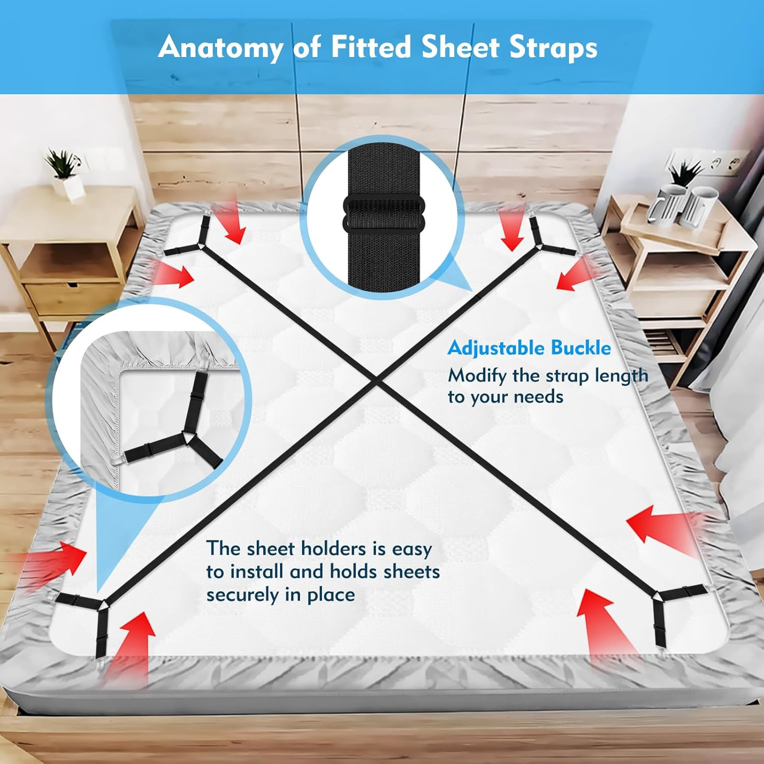 Bed Sheet Straps, 2Pcs Elastic Adjustable Bed Sheet Holder Straps, Fitted Sheet