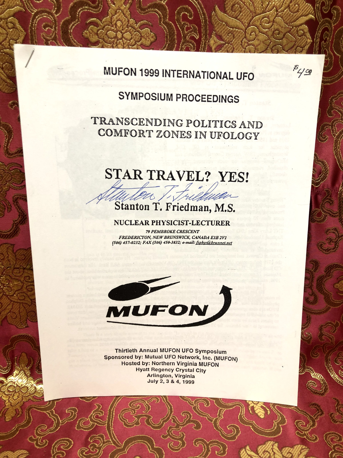 Rare Orig Stanton T Friedman Signed STAR TRAVEL MUFON UFO Symposium 25pg Paper