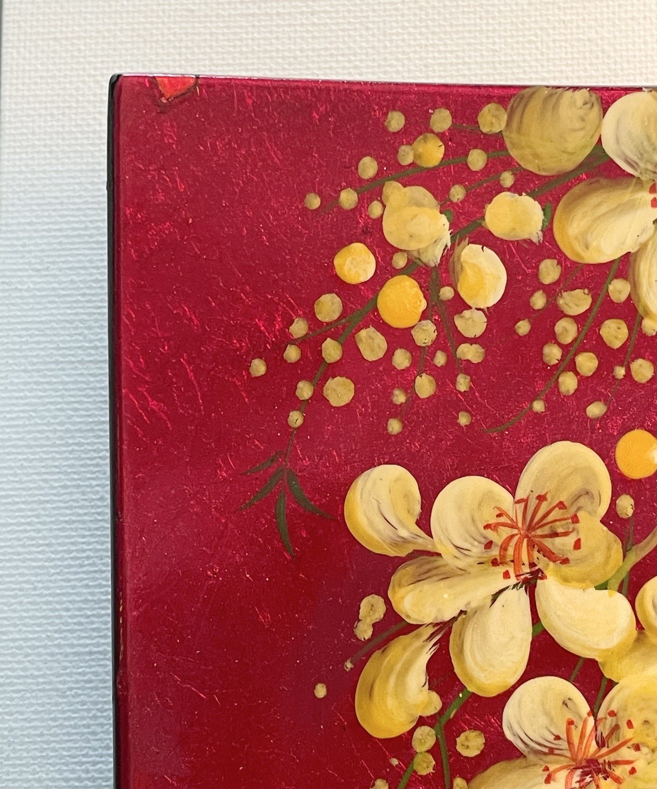 Japanese Lacquer Wall Plaques Cherry Blossoms Red Foil Set of 3