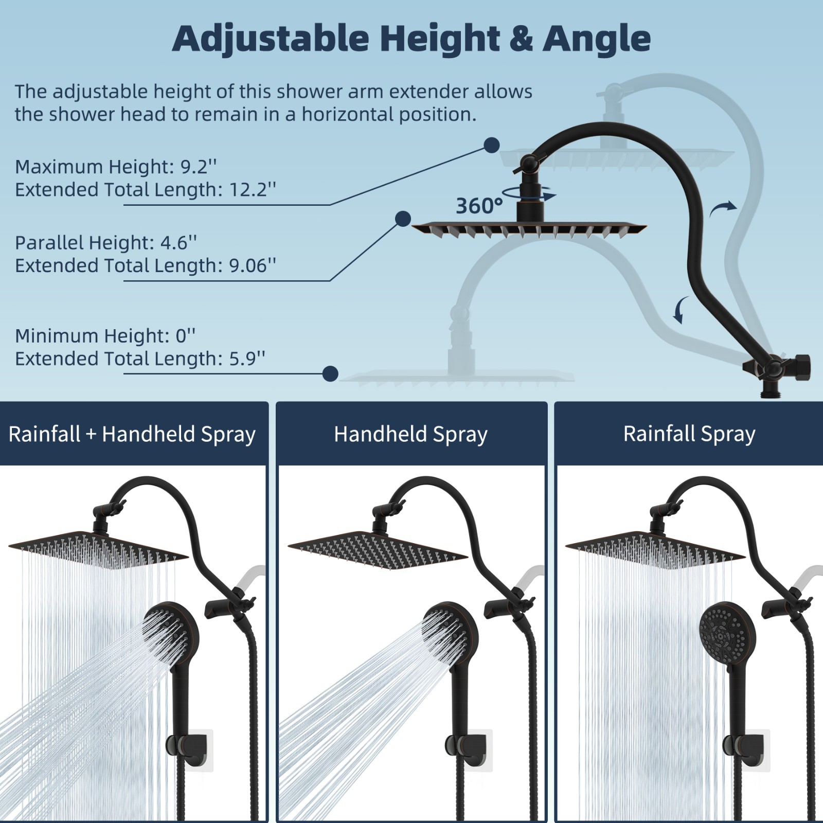 High Pressure Rainfall Shower Head Combo with Handheld Spray Extension Arm Bath