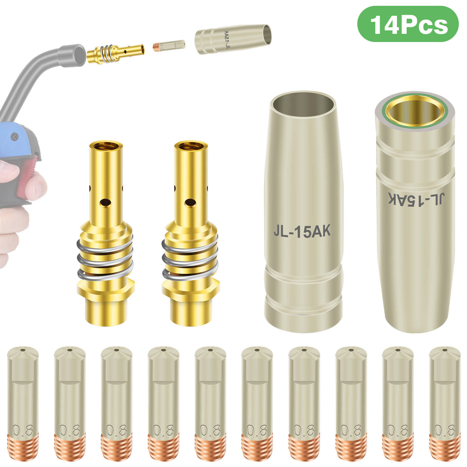 14pcs MB-15AK MIG MAG Welding Torch Gun Kit 0.03" M6 Contact Tip Nozzle Diffuser