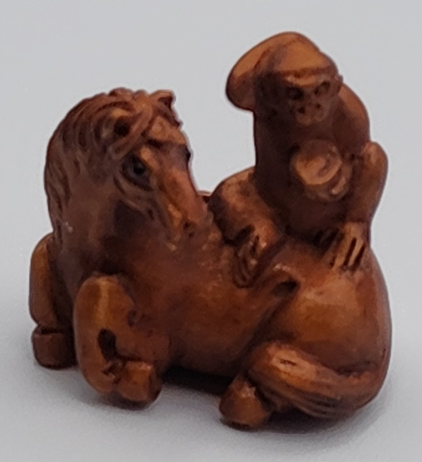 Ojime Bead? Carved Wood Monkey on Horse 2.5 cm Wide x 2.5 cm Tall Signed