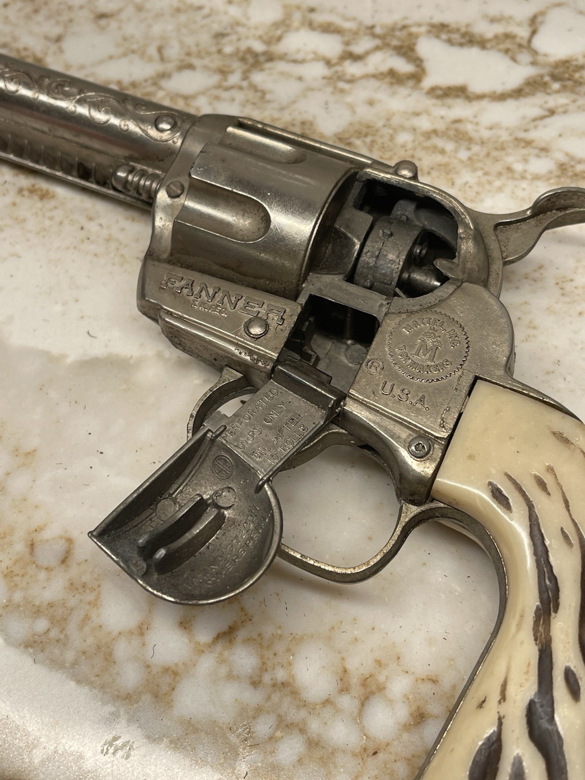 1960s VTG Mattel Fanner 50 Toy Cap Replica Gun Used Leather Holster MADE IN USA