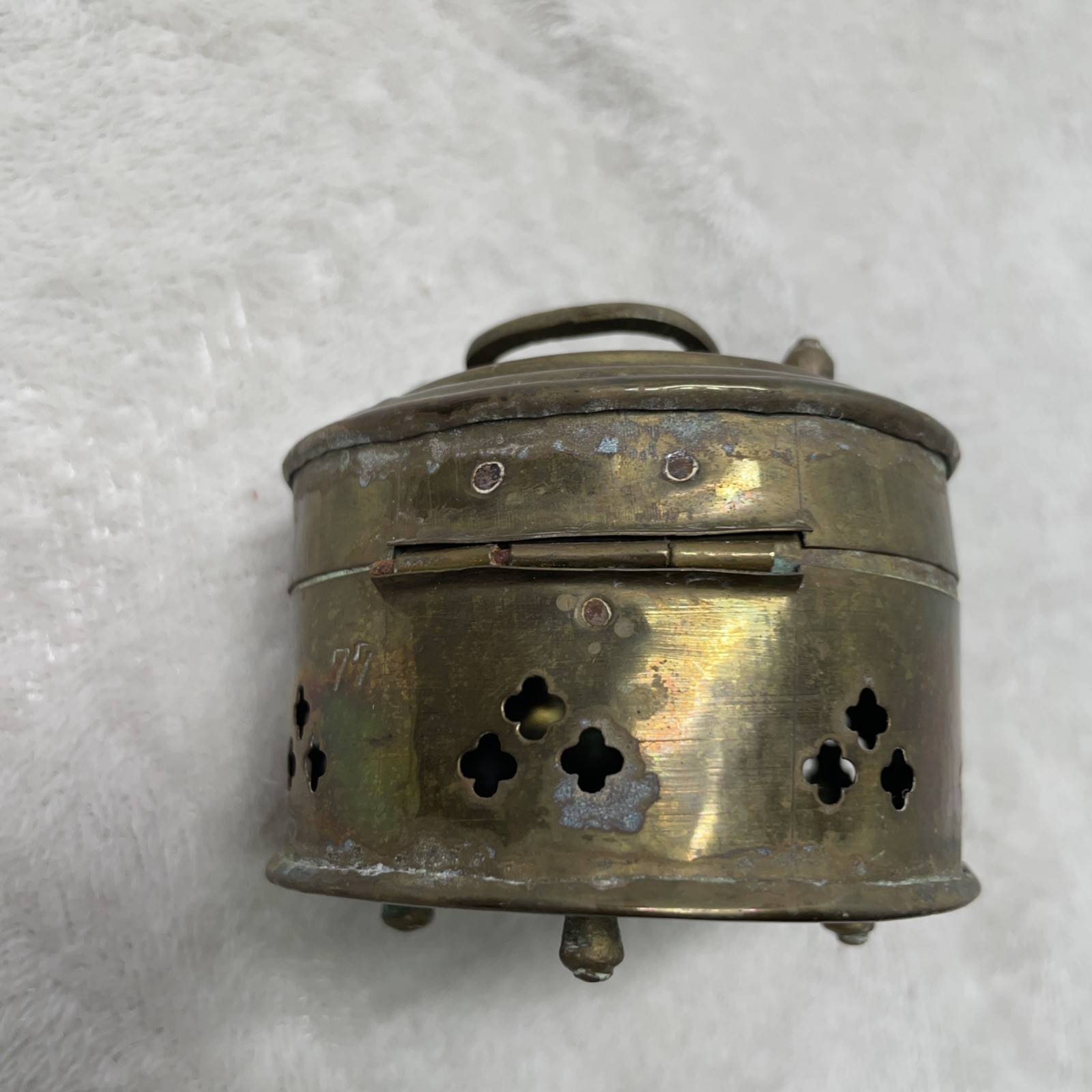 Vintage Brass Cricket Box Patina Footed Pierced Hinged Lid Handle Trinket Asian