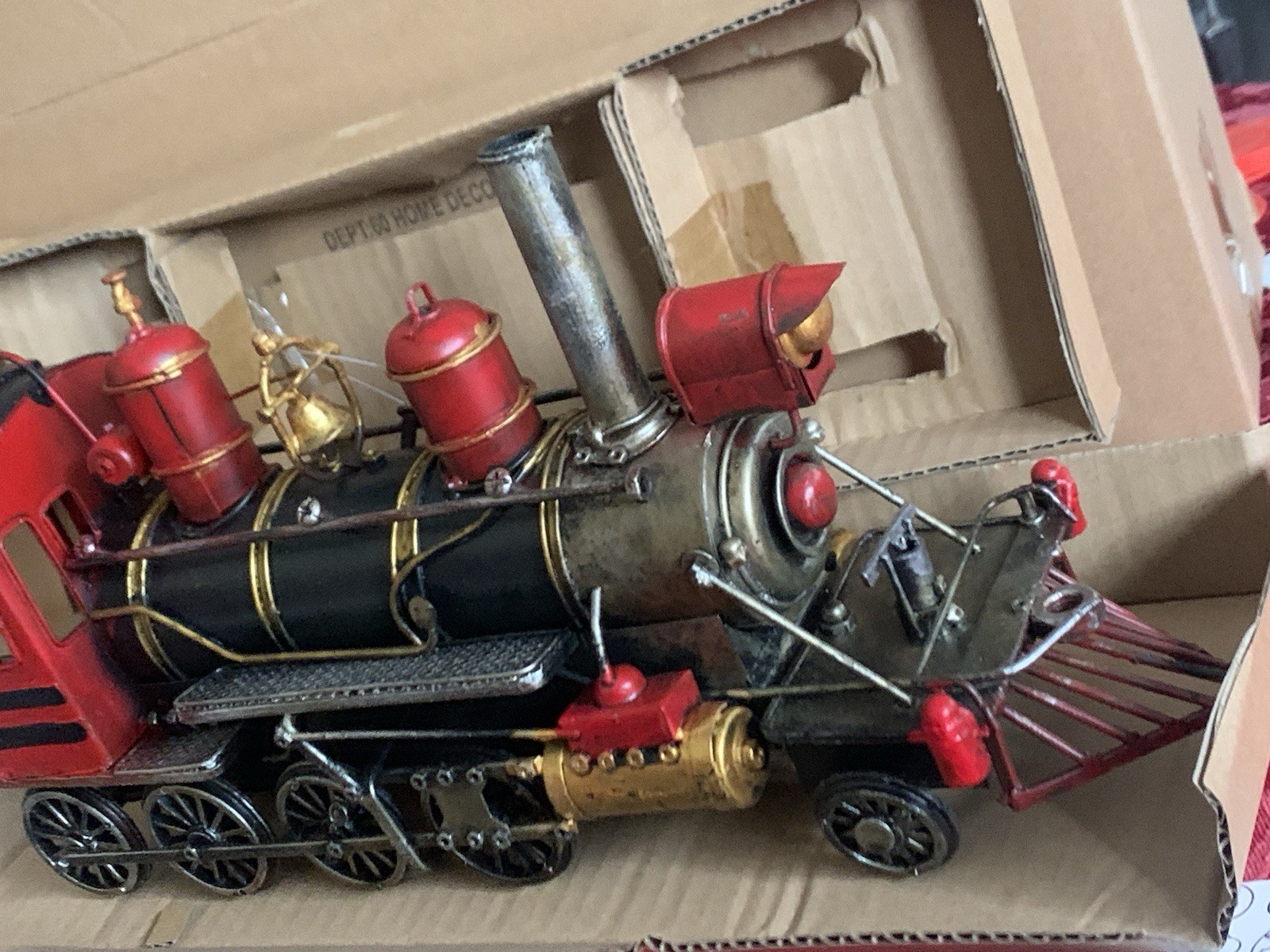 Vtg Decorative Metal Steam Locomotive Model Train Engine Red Black Gold On Base