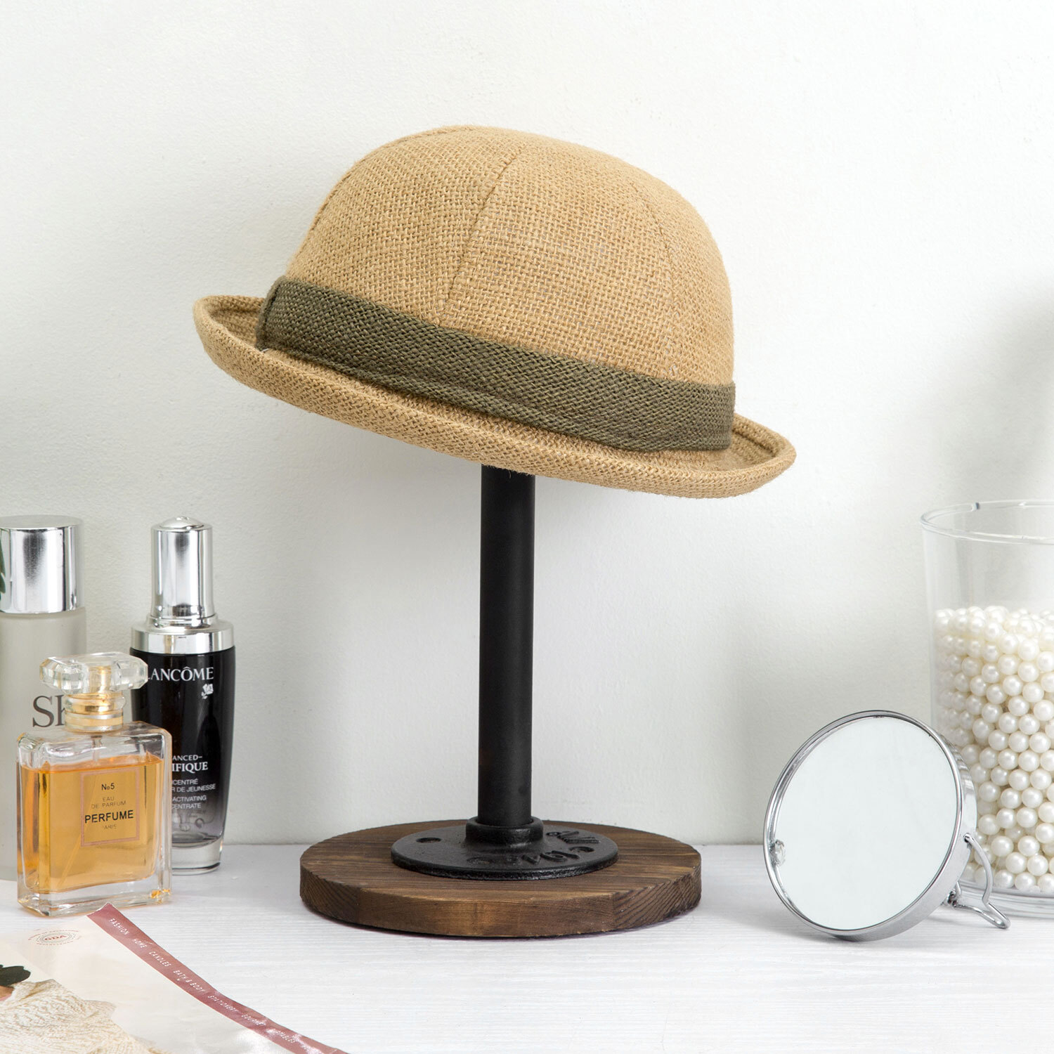 Industrial Metal Pipe and Rustic Burnt Wood Tabletop Hat Wig Stand, Set of 2