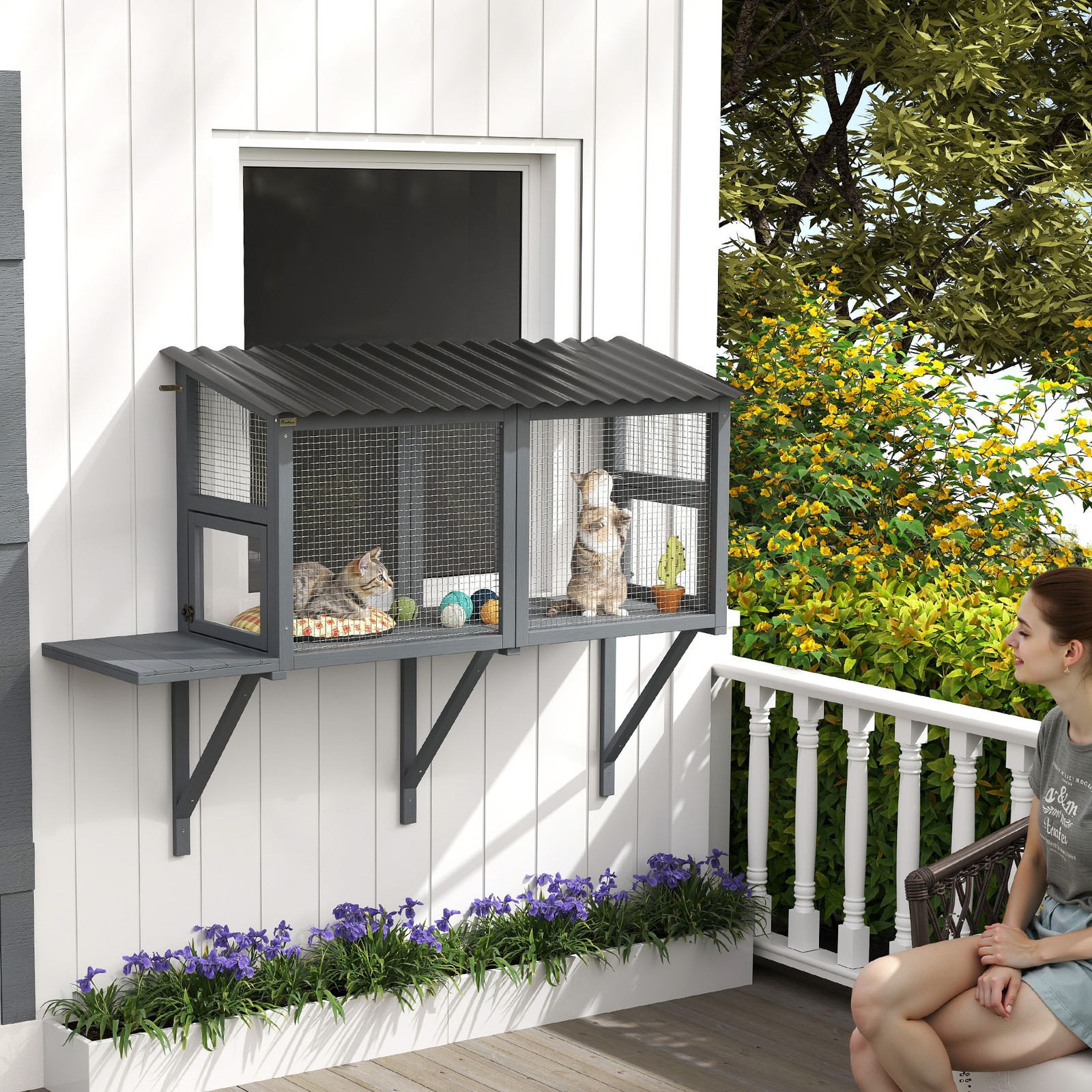PawHut Outdoor Cat Catio, Cat Enclosure Window Perch with Jumping Platform