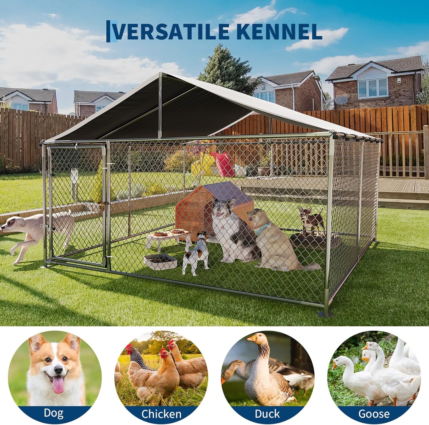 Large Dog Kennel Outdoor with Roof Heavy Duty Pet Fence Enclosure for Big Dogs