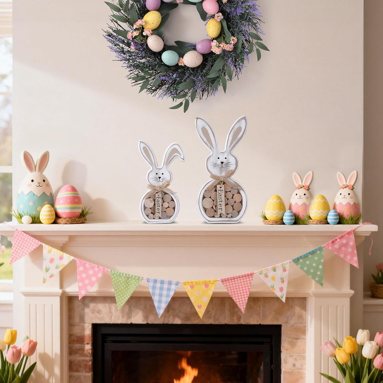 Easter Decorations, 2Pcs Easter Table Decorations for Home,Farmhouse Retro Woode