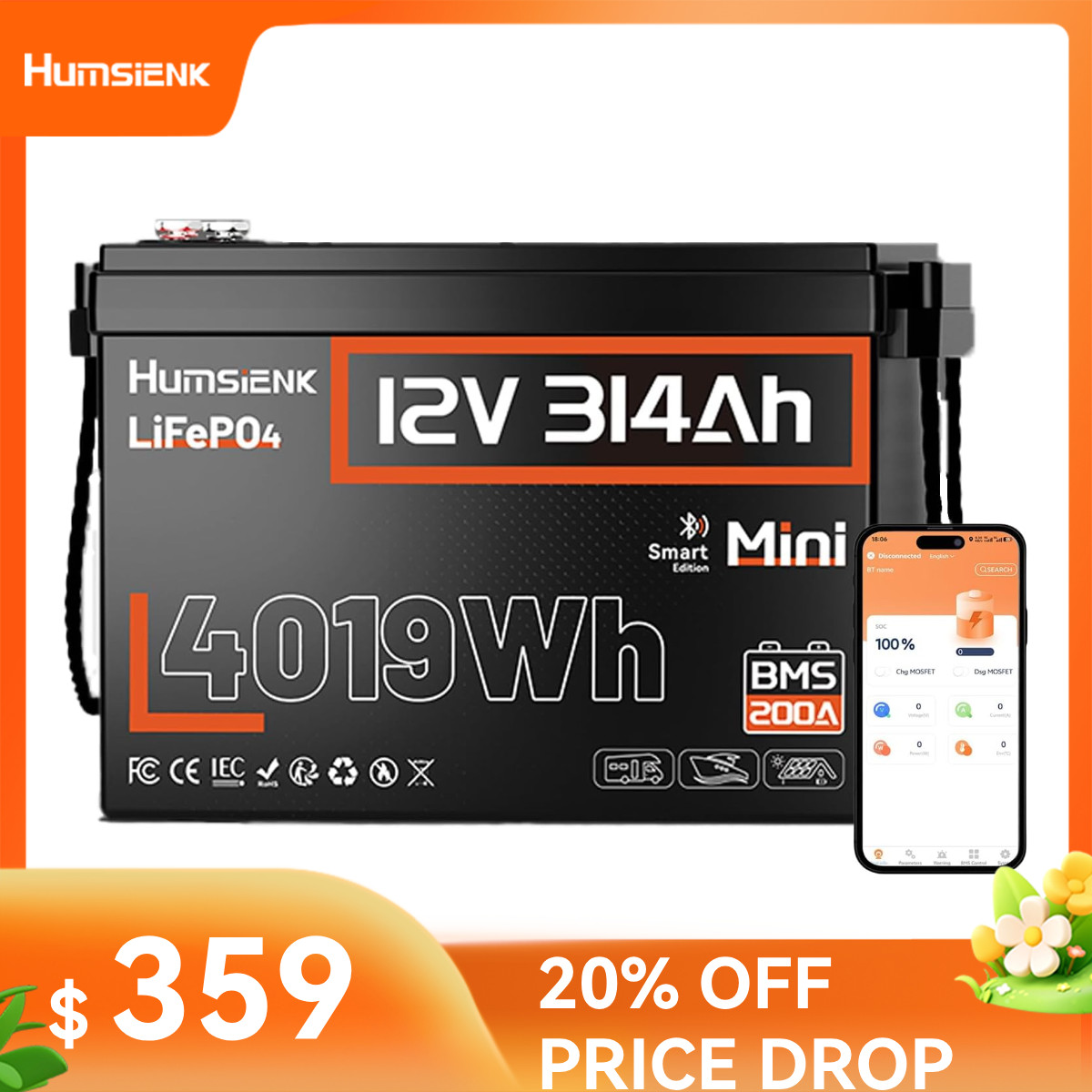 12V 314Ah 300Ah LiFePO4 Lithium Battery 4019Wh Deep Cycle for Solar RV Marine