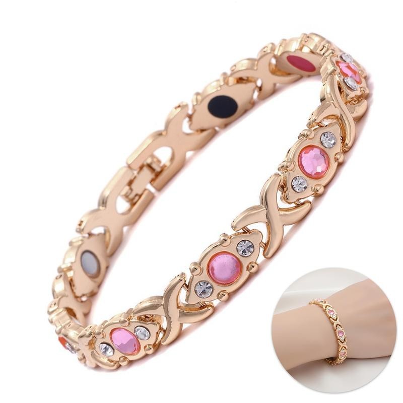 Women's Leaf Design Pure Copper Magnetic Bracelet with Diamonds-3500 Gauss Magne
