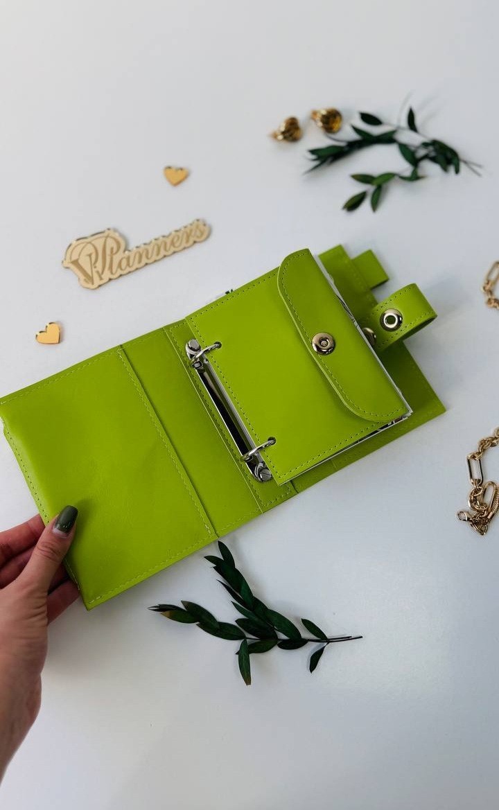 Light green Leather notebook cover A7 big binder mini wallet handmade gift